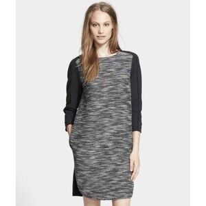 Vince. Mixed Media Shift Dress Black Gray Tweed Wool Blend Pockets Size S Small